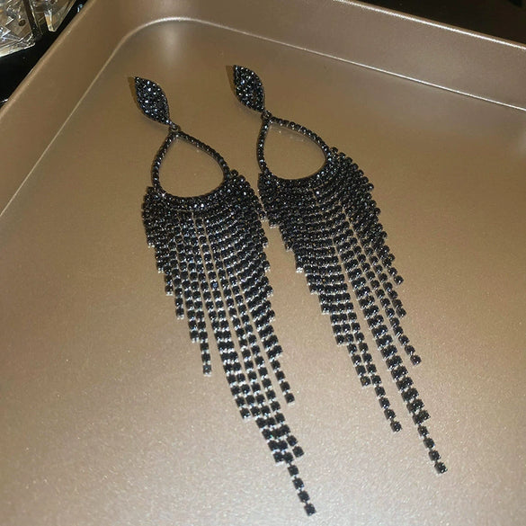 Wholesale Long Dark Style Full Diamond Water Drop Tassel Earrings Copper Geometric Silver Needle