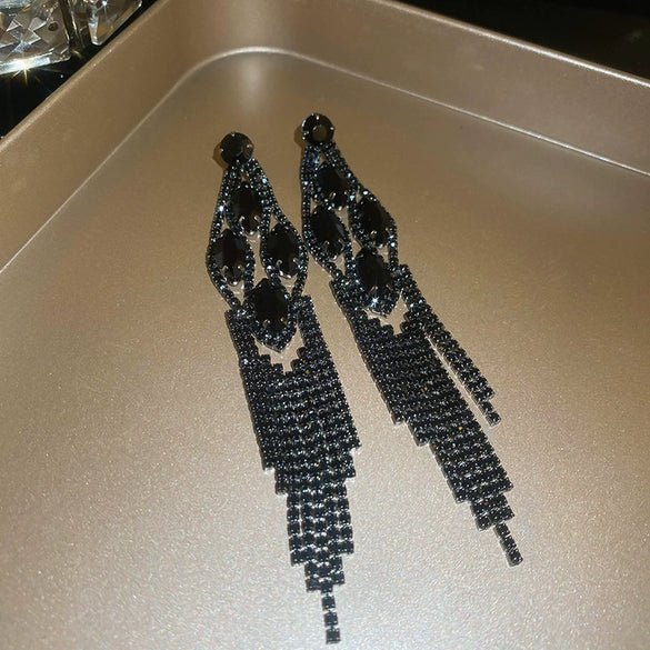 Wholesale Long Dark Style Full Diamond Water Drop Tassel Earrings Copper Geometric Silver Needle