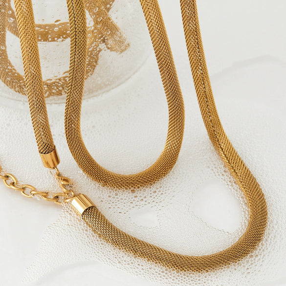 Wholesale Long Exaggerated Round Mesh Chain Double Layer Stacked Stainless Steel Necklace With Geometric Design And Electroplating For Women