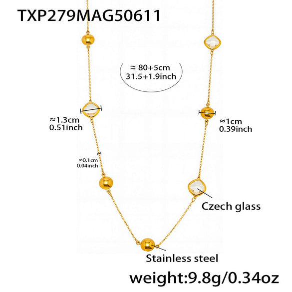 Wholesale Long Necklace With Geometric Design Made Of Stainless Steel And Imported Czech Glass 18K Real Gold Electroplated Double Layer Jewelry Accessories For Women