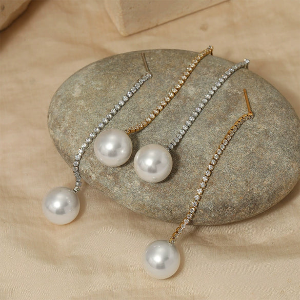 Wholesale Long Zircon Pearl Earrings For Women Simple Geometric Style Stainless Steel With Electroplating