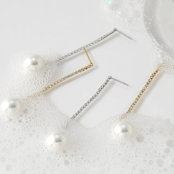 Wholesale Long Zircon Pearl Earrings For Women Simple Geometric Style Stainless Steel With Electroplating