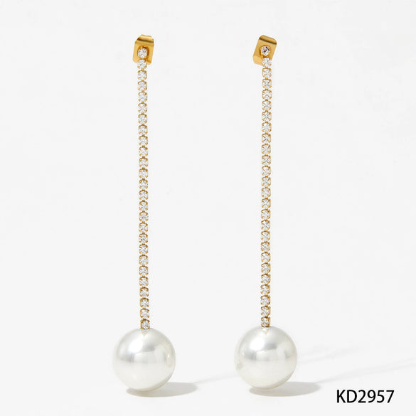 Wholesale Long Zircon Pearl Earrings For Women Simple Geometric Style Stainless Steel With Electroplating