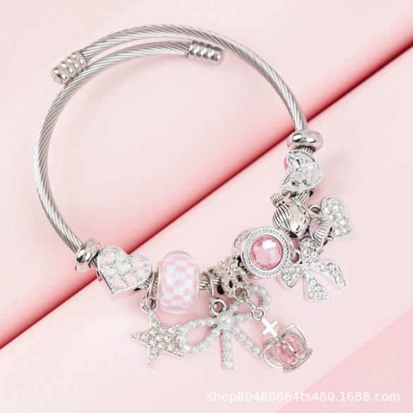 Wholesale Lovely Animal Style Stainless Steel Electroplated Beaded Bracelet With Multielement Oil Drop Rhinestone Jewelry Accessories