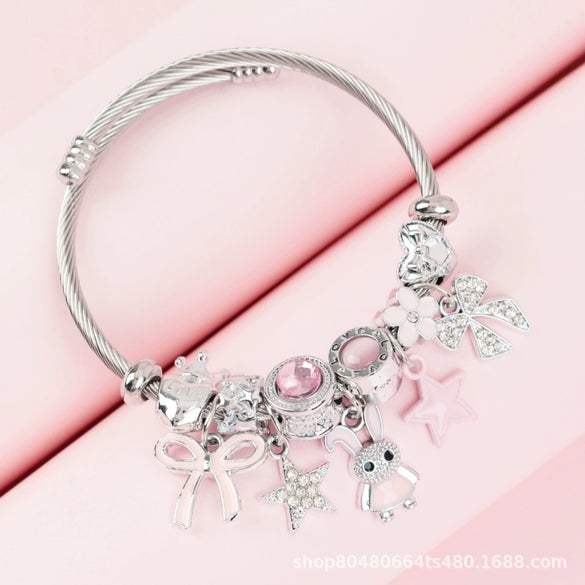 Wholesale Lovely Animal Style Stainless Steel Electroplated Beaded Bracelet With Multielement Oil Drop Rhinestone Jewelry Accessories