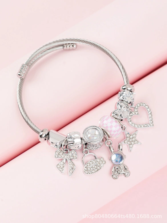 Wholesale Lovely Animal Style Stainless Steel Electroplated Beaded Bracelet With Multielement Oil Drop Rhinestone Jewelry Accessories