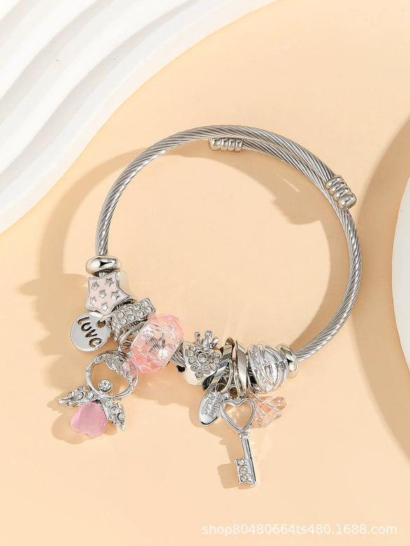 Wholesale Lovely Animal Style Stainless Steel Electroplated Beaded Bracelet With Multielement Oil Drop Rhinestone Jewelry Accessories