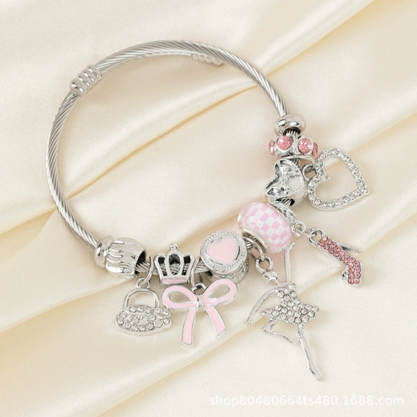 Wholesale Lovely Animal Style Stainless Steel Electroplated Beaded Bracelet With Multielement Oil Drop Rhinestone Jewelry Accessories