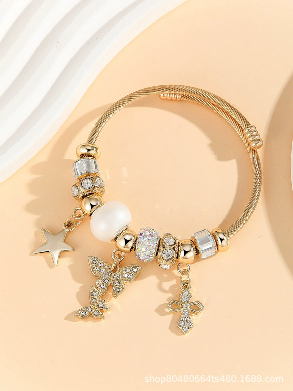 Wholesale Lovely Animal Style Stainless Steel Electroplated Beaded Bracelet With Multielement Oil Drop Rhinestone Jewelry Accessories