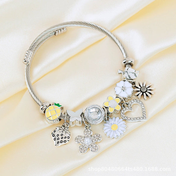 Wholesale Lovely Animal Style Stainless Steel Electroplated Beaded Bracelet With Multielement Oil Drop Rhinestone Jewelry Accessories