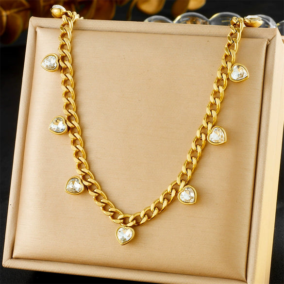 Wholesale Loveshaped Rhinestone Stainless Steel Chain Necklace With Goldplated Treatment For Women