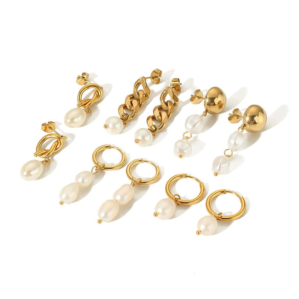 Wholesale Luxury Baroque Natural Freshwater Pearl Earrings 18K Gold Plated Titanium Steel With Geometric Styling For Women