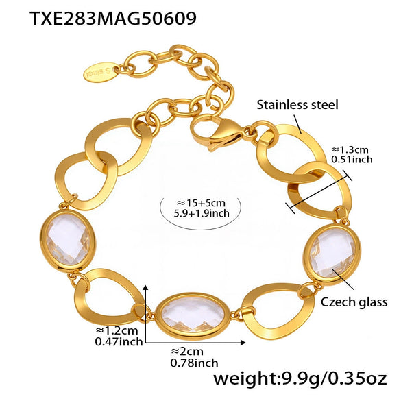 Wholesale Luxury Elegant High End Women's Geometric Flash Glass Stone Interlocking Bracelet Stainless Steel Real Gold Plated