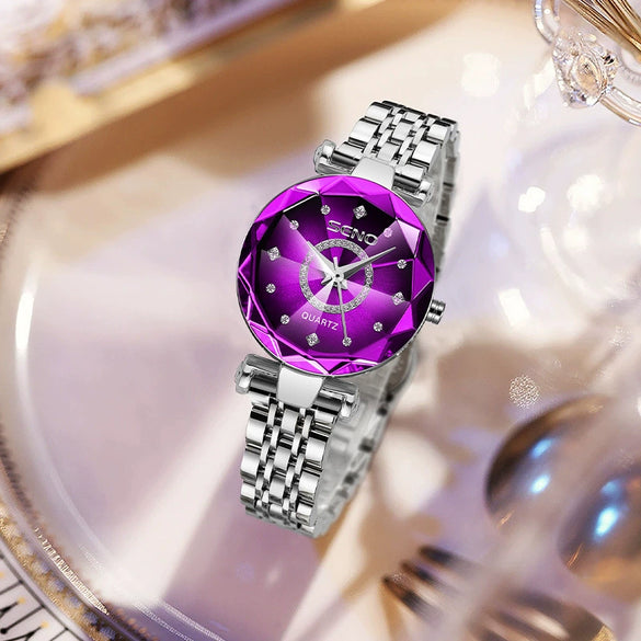 Wholesale Luxury Fashion Women's Waterproof Watch With Diamond Face And Multifaceted Mineral Strengthened Glass Mirror Stainless Steel Band And Spiral Crown