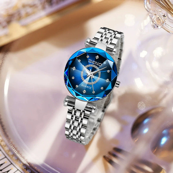 Wholesale Luxury Fashion Women's Waterproof Watch With Diamond Face And Multifaceted Mineral Strengthened Glass Mirror Stainless Steel Band And Spiral Crown