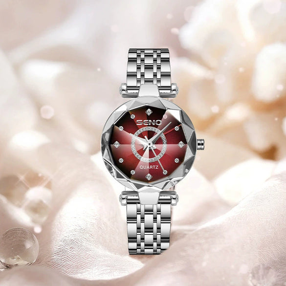 Wholesale Luxury Fashion Women's Waterproof Watch With Diamond Face And Multifaceted Mineral Strengthened Glass Mirror Stainless Steel Band And Spiral Crown
