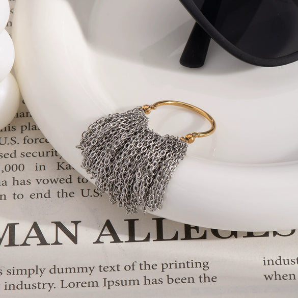 Wholesale Luxury High Grade Stainless Steel Gold And Silver Color Block Chain Tassel Ring Jewelry With Pvd Furnace Vacuum Real Gold Plating And Geometric Shape
