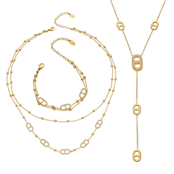Wholesale Luxury 18K Goldplated Stainless Steel Doublelayer Tassel Design Full Diamond Bracelet And Necklace Set For Women