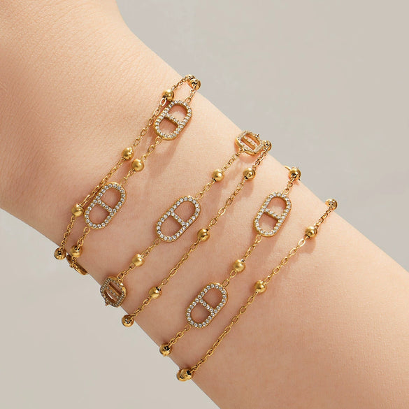 Wholesale Luxury 18K Goldplated Stainless Steel Doublelayer Tassel Design Full Diamond Bracelet And Necklace Set For Women