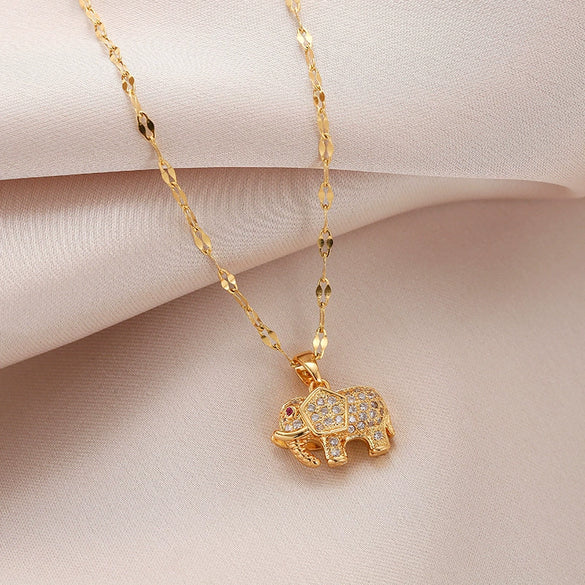 Wholesale Luxury Lucky Little Elephant Titanium Steel Necklace For Women With Elephant Pendant And Cross Chain Diamond Design