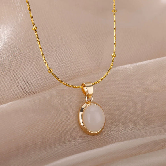 Wholesale Luxury Oval Titanium Steel Necklace With Cat's Eye Pendant Electroplated For Women