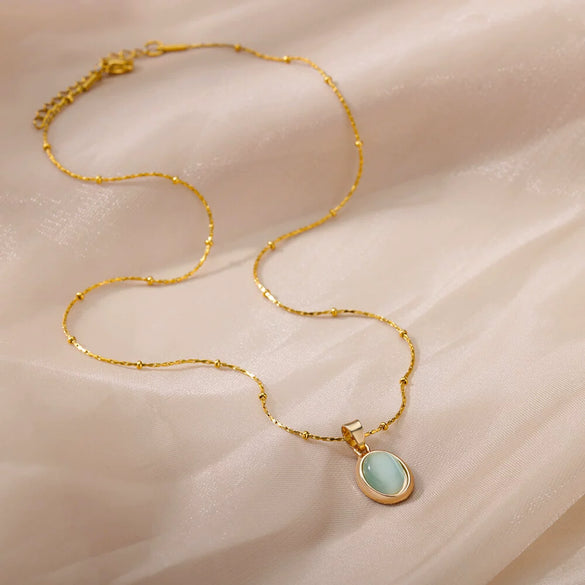 Wholesale Luxury Oval Titanium Steel Necklace With Cat's Eye Pendant Electroplated For Women
