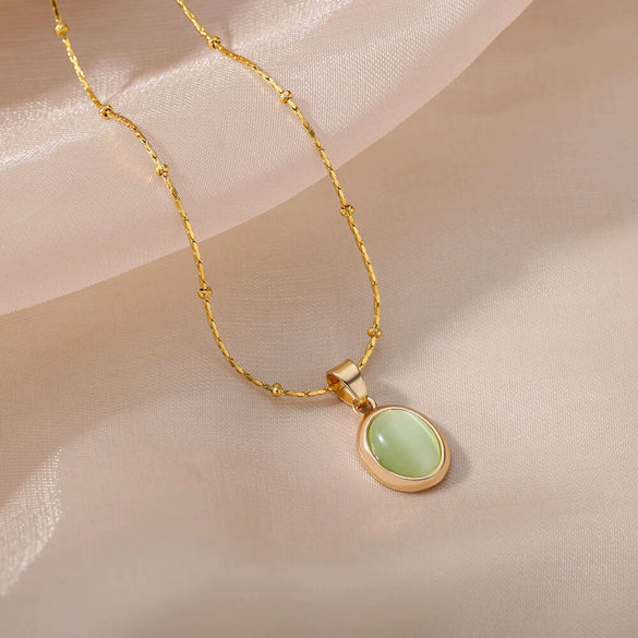 Wholesale Luxury Oval Titanium Steel Necklace With Cat's Eye Pendant Electroplated For Women