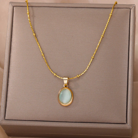 Wholesale Luxury Oval Titanium Steel Necklace With Cat's Eye Pendant Electroplated For Women