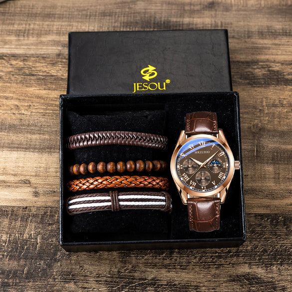 Wholesale Luxury Quartz Watch Gift Set For Men With Alloy Case Imitation Leather Strap And Stainless Steel Clasp In Round Shape And Leisure Style