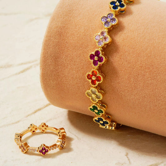 Wholesale Luxury Retro Micro Inlaid Zircon Jewelry Suit For Women Copper Bracelet Ring With Round Pattern