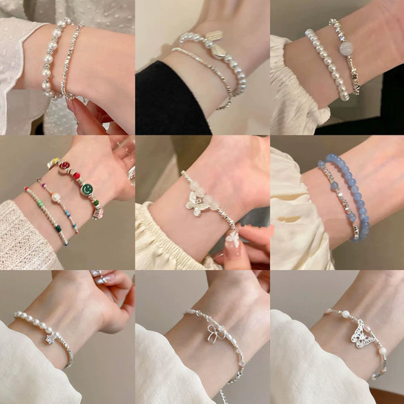 Wholesale Luxury Silver Bracelet With Imitation Pearls And Geometric Zirconia For Women