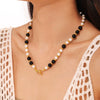 Wholesale Luxury Style Black Agate And White Shell Beaded 316L Stainless Steel Clavicle Chain Necklace With Geometric Pattern And Electroplating