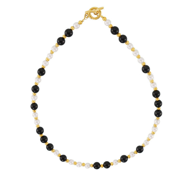 Wholesale Luxury Style Black Agate And White Shell Beaded 316L Stainless Steel Clavicle Chain Necklace With Geometric Pattern And Electroplating