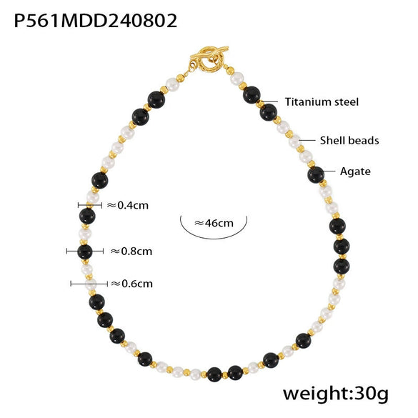 Wholesale Luxury Style Black Agate And White Shell Beaded 316L Stainless Steel Clavicle Chain Necklace With Geometric Pattern And Electroplating