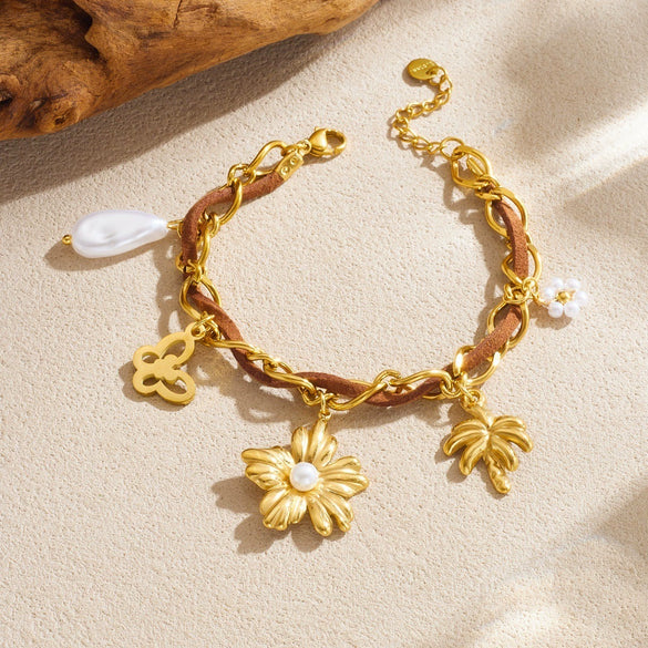 Wholesale Maillard Style Gold Electroplated Hollow Butterfly Flower Coconut Tree Pendant Stainless Steel Bracelet For Women