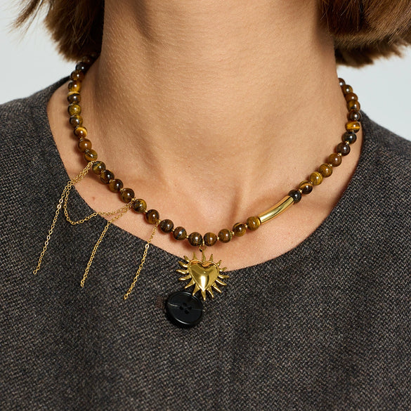 Wholesale Maillard Style Gold Plated Stainless Steel Heart Geometric Beaded Chain Pendant Necklace And Earrings Jewelry For Women
