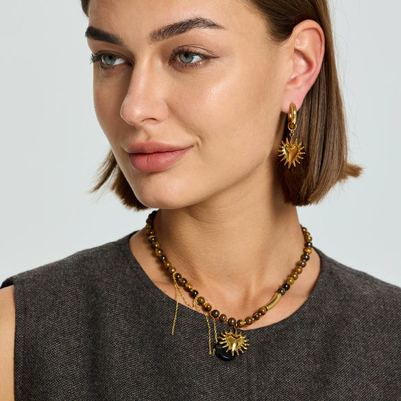 Wholesale Maillard Style Gold Plated Stainless Steel Heart Geometric Beaded Chain Pendant Necklace And Earrings Jewelry For Women