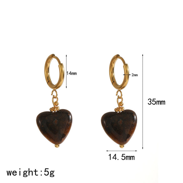 Wholesale Maillard Style Heart Shape Stainless Steel Plastic Resin Tiger Eye Stone Tassel Pvd Furnace Vacuum Real Gold Plated Earrings For Women
