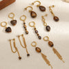 Wholesale Maillard Style Heart Shape Stainless Steel Plastic Resin Tiger Eye Stone Tassel Pvd Furnace Vacuum Real Gold Plated Earrings For Women