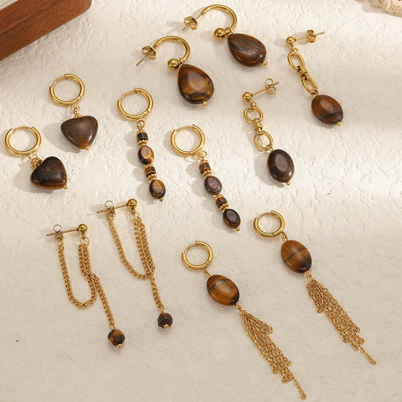 Wholesale Maillard Style Heart Shape Stainless Steel Plastic Resin Tiger Eye Stone Tassel Pvd Furnace Vacuum Real Gold Plated Earrings For Women