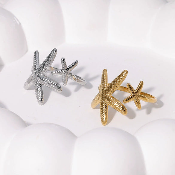 Wholesale Marine Elements Beach Starfish Stainless Steel Opening Ring With Electroplating For Women