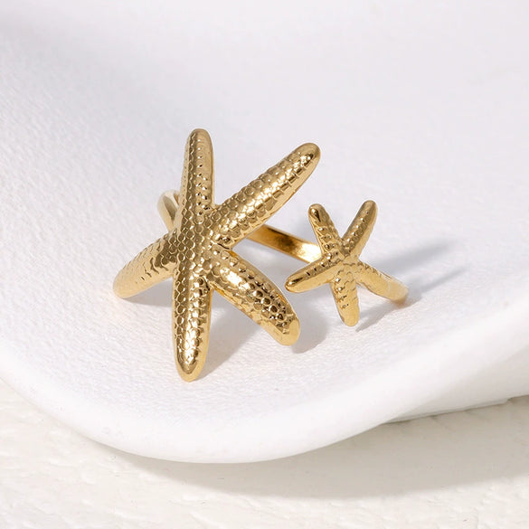 Wholesale Marine Elements Beach Starfish Stainless Steel Opening Ring With Electroplating For Women
