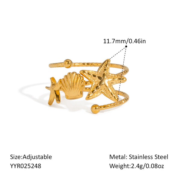 Wholesale Marine Elements High End Sense Stainless Steel Opening Ring With Star And Flower Pattern Pvd Vacuum Real Gold Electroplated Waterproof For Women
