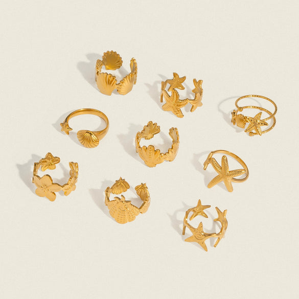 Wholesale Marine Elements High End Sense Stainless Steel Opening Ring With Star And Flower Pattern Pvd Vacuum Real Gold Electroplated Waterproof For Women