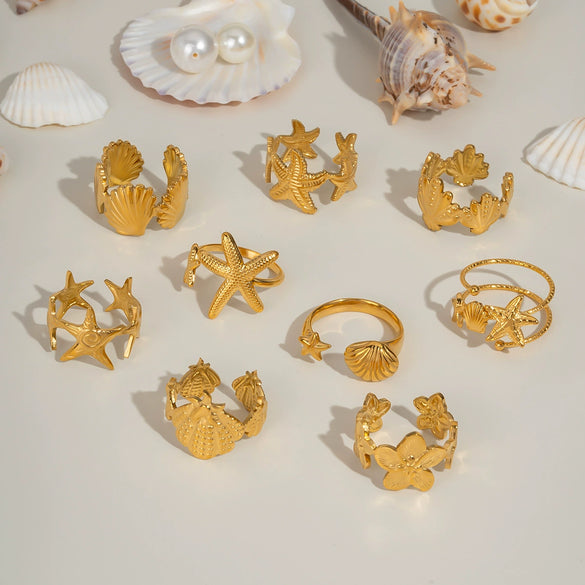 Wholesale Marine Elements High End Sense Stainless Steel Opening Ring With Star And Flower Pattern Pvd Vacuum Real Gold Electroplated Waterproof For Women