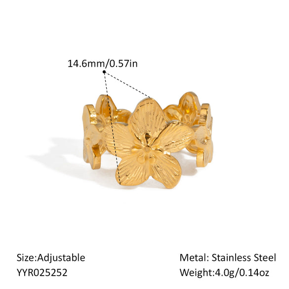 Wholesale Marine Elements High End Sense Stainless Steel Opening Ring With Star And Flower Pattern Pvd Vacuum Real Gold Electroplated Waterproof For Women