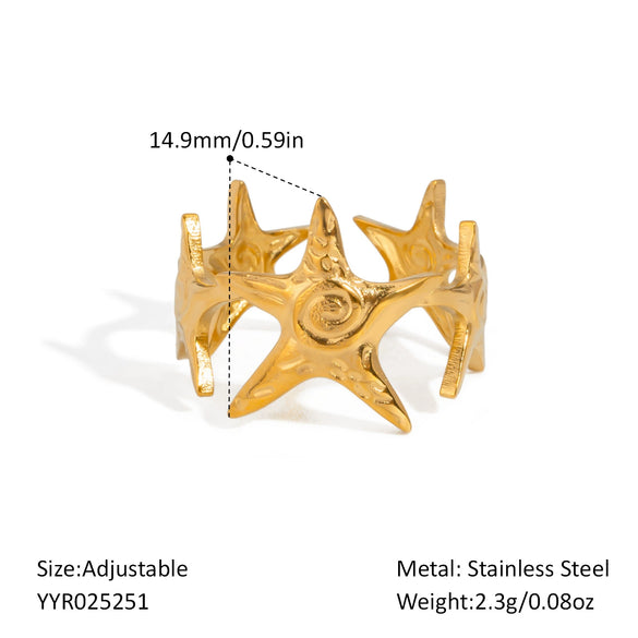 Wholesale Marine Elements High End Sense Stainless Steel Opening Ring With Star And Flower Pattern Pvd Vacuum Real Gold Electroplated Waterproof For Women