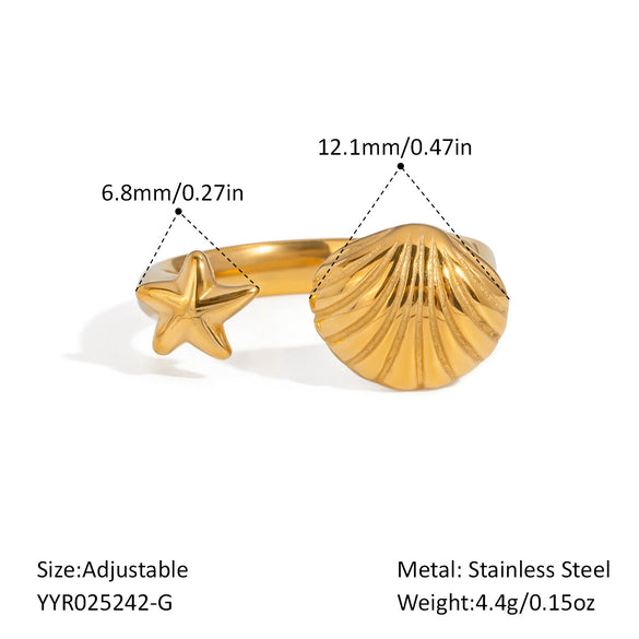 Wholesale Marine Elements High End Sense Stainless Steel Opening Ring With Star And Flower Pattern Pvd Vacuum Real Gold Electroplated Waterproof For Women