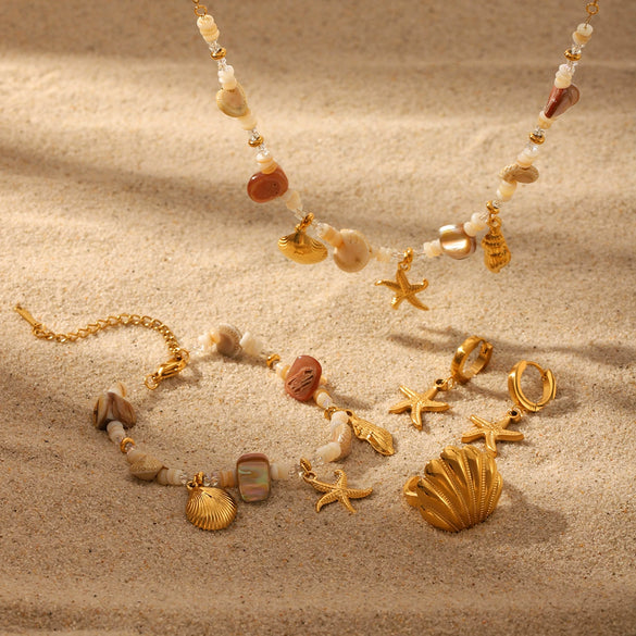 Wholesale Marine Life Pattern Stainless Steel And Titanium Steel Jewelry With Electroplating Conch Shell Necklace Bracelet Starfish Earrings