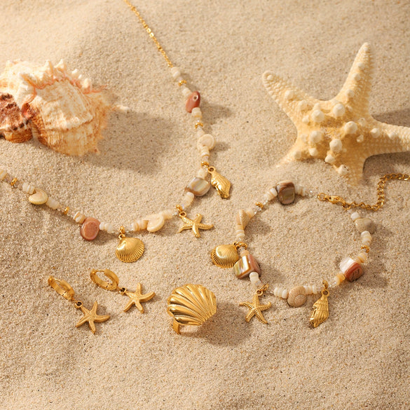 Wholesale Marine Life Pattern Stainless Steel And Titanium Steel Jewelry With Electroplating Conch Shell Necklace Bracelet Starfish Earrings